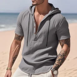 Clearance OUKU Men's Shirt Linen Shirt Popover Shirt Casual Shirt Cotton Shirt Plain Vacation Street Black White Yellow Navy Blue Short Sleeve Hooded Summer Clothing Apparel Button-Down