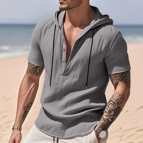 Clearance OUKU Men's Shirt Linen Shirt Popover Shirt Casual Shirt Cotton Shirt Plain Vacation Street Black White Yellow Navy Blue Short Sleeve Hooded Summer Clothing Apparel Button-Down