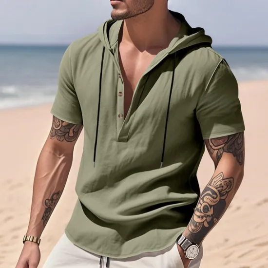 Clearance OUKU Men's Shirt Linen Shirt Popover Shirt Casual Shirt Cotton Shirt Plain Vacation Street Black White Yellow Navy Blue Short Sleeve Hooded Summer Clothing Apparel Button-Down
