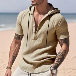 Clearance OUKU Men's Shirt Linen Shirt Popover Shirt Casual Shirt Cotton Shirt Plain Vacation Street Black White Yellow Navy Blue Short Sleeve Hooded Summer Clothing Apparel Button-Down