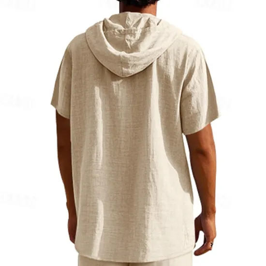 Clearance OUKU Men's Shirt Linen Shirt Popover Shirt Casual Shirt Cotton Shirt Plain Vacation Street Black White Yellow Navy Blue Short Sleeve Hooded Summer Clothing Apparel Button-Down