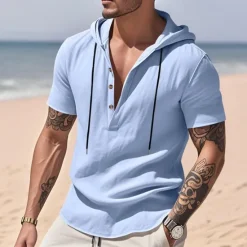 Clearance OUKU Men's Shirt Linen Shirt Popover Shirt Casual Shirt Cotton Shirt Plain Vacation Street Black White Yellow Navy Blue Short Sleeve Hooded Summer Clothing Apparel Button-Down