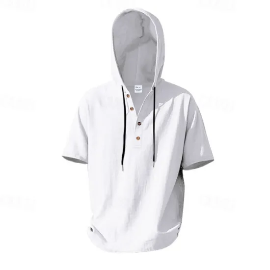 Clearance OUKU Men's Shirt Linen Shirt Popover Shirt Casual Shirt Cotton Shirt Plain Vacation Street Black White Yellow Navy Blue Short Sleeve Hooded Summer Clothing Apparel Button-Down