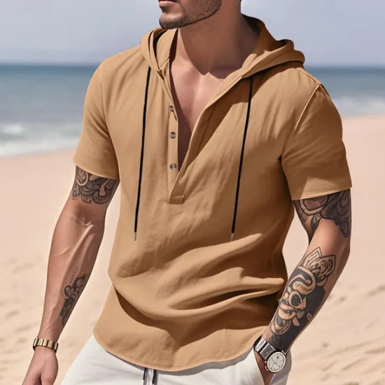 Clearance OUKU Men's Shirt Linen Shirt Popover Shirt Casual Shirt Cotton Shirt Plain Vacation Street Black White Yellow Navy Blue Short Sleeve Hooded Summer Clothing Apparel Button-Down