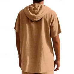 Clearance OUKU Men's Shirt Linen Shirt Popover Shirt Casual Shirt Cotton Shirt Plain Vacation Street Black White Yellow Navy Blue Short Sleeve Hooded Summer Clothing Apparel Button-Down