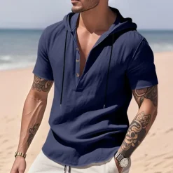 Clearance OUKU Men's Shirt Linen Shirt Popover Shirt Casual Shirt Cotton Shirt Plain Vacation Street Black White Yellow Navy Blue Short Sleeve Hooded Summer Clothing Apparel Button-Down