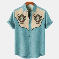 Sale OUKU Men's Shirt Linen Shirt Retro Shirts Vintage Shirt Ethnic Shirt Western Work Causal Blue Green khaki Short Sleeve Turndown Summer Spring Clothing Apparel