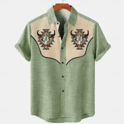 Sale OUKU Men's Shirt Linen Shirt Retro Shirts Vintage Shirt Ethnic Shirt Western Work Causal Blue Green khaki Short Sleeve Turndown Summer Spring Clothing Apparel
