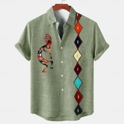 Discount OUKU Men's Shirt Linen Shirt Retro Shirts Vintage Shirt Ethnic Shirt Southwestern Print Daily Green khaki Gray Short Sleeve Turndown Summer Spring Clothing Apparel