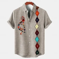 Discount OUKU Men's Shirt Linen Shirt Retro Shirts Vintage Shirt Ethnic Shirt Southwestern Print Daily Green khaki Gray Short Sleeve Turndown Summer Spring Clothing Apparel