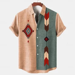 Online OUKU Men's Shirt Linen Shirt Retro Shirts Vintage Shirt Ethnic Shirt Tribal Daily Pink Blue khaki Short Sleeve Turndown Summer Spring Clothing Apparel