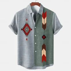 Online OUKU Men's Shirt Linen Shirt Retro Shirts Vintage Shirt Ethnic Shirt Tribal Daily Pink Blue khaki Short Sleeve Turndown Summer Spring Clothing Apparel