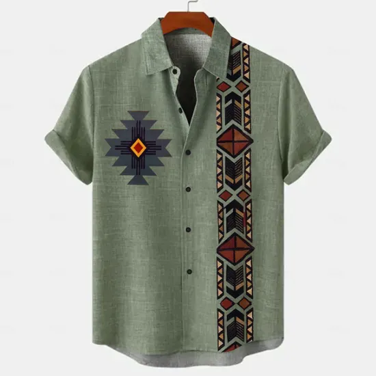 Online OUKU Men's Shirt Linen Shirt Retro Shirts Vintage Shirt Ethnic Shirt Ethnic Vacation Daily Green khaki Beige Short Sleeve Turndown Summer Spring Clothing Apparel