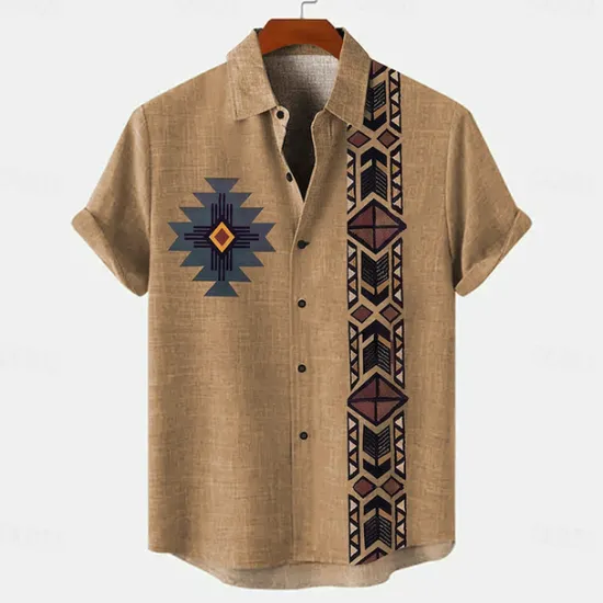 Online OUKU Men's Shirt Linen Shirt Retro Shirts Vintage Shirt Ethnic Shirt Ethnic Vacation Daily Green khaki Beige Short Sleeve Turndown Summer Spring Clothing Apparel