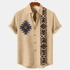 Online OUKU Men's Shirt Linen Shirt Retro Shirts Vintage Shirt Ethnic Shirt Ethnic Vacation Daily Green khaki Beige Short Sleeve Turndown Summer Spring Clothing Apparel