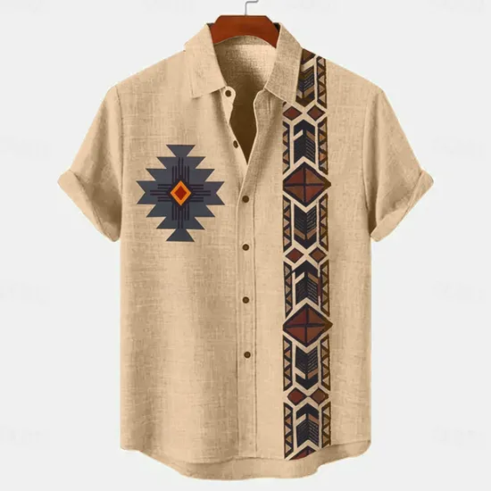 Online OUKU Men's Shirt Linen Shirt Retro Shirts Vintage Shirt Ethnic Shirt Ethnic Vacation Daily Green khaki Beige Short Sleeve Turndown Summer Spring Clothing Apparel