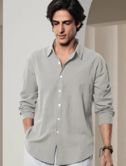 Outlet OUKU Men's Shirt Linen Shirt Solid Color Casual Daily White Pink Navy Blue Blue Long Sleeve Collar Spring & Summer Clothing Apparel Button-Down
