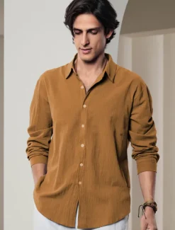 Outlet OUKU Men's Shirt Linen Shirt Solid Color Casual Daily White Pink Navy Blue Blue Long Sleeve Collar Spring & Summer Clothing Apparel Button-Down