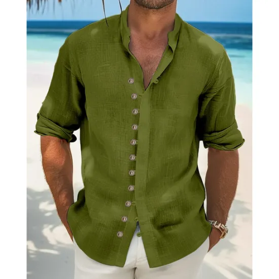 Online OUKU Men's Shirt Linen Shirt Summer Shirt Beach Wear Casual Shirt Button Up Shirt Plain Vacation Curise Black White Light Green Pink Long Sleeve Stand Collar Spring & Summer Clothing Apparel
