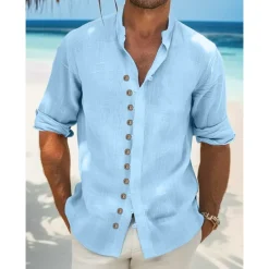 Online OUKU Men's Shirt Linen Shirt Summer Shirt Beach Wear Casual Shirt Button Up Shirt Plain Vacation Curise Black White Light Green Pink Long Sleeve Stand Collar Spring & Summer Clothing Apparel