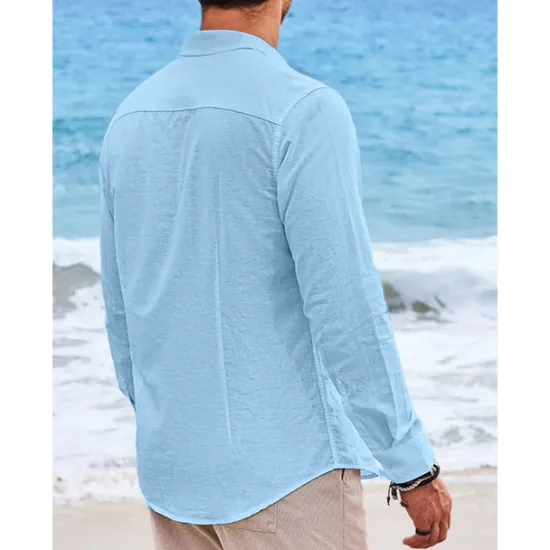 Online OUKU Men's Shirt Linen Shirt Summer Shirt Beach Wear Casual Shirt Button Up Shirt Plain Vacation Curise Black White Light Green Pink Long Sleeve Stand Collar Spring & Summer Clothing Apparel