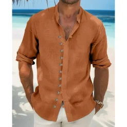 Online OUKU Men's Shirt Linen Shirt Summer Shirt Beach Wear Casual Shirt Button Up Shirt Plain Vacation Curise Black White Light Green Pink Long Sleeve Stand Collar Spring & Summer Clothing Apparel