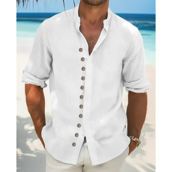 Online OUKU Men's Shirt Linen Shirt Summer Shirt Beach Wear Casual Shirt Button Up Shirt Plain Vacation Curise Black White Light Green Pink Long Sleeve Stand Collar Spring & Summer Clothing Apparel