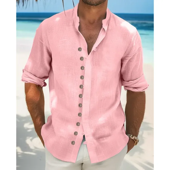 Online OUKU Men's Shirt Linen Shirt Summer Shirt Beach Wear Casual Shirt Button Up Shirt Plain Vacation Curise Black White Light Green Pink Long Sleeve Stand Collar Spring & Summer Clothing Apparel
