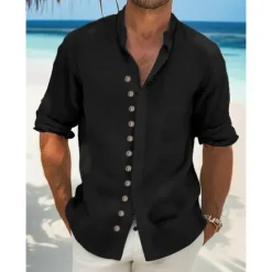 Online OUKU Men's Shirt Linen Shirt Summer Shirt Beach Wear Casual Shirt Button Up Shirt Plain Vacation Curise Black White Light Green Pink Long Sleeve Stand Collar Spring & Summer Clothing Apparel