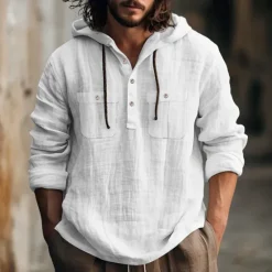 Online OUKU Men's Shirt Linen Shirt Summer Shirt Beach Shirt Hooded Shirt Plain Casual Daily Black White Blue Brown Long Sleeve Hooded Spring & Summer Clothing Apparel