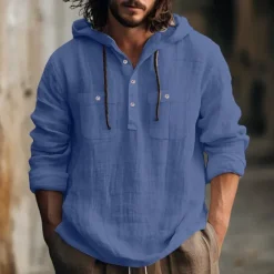 Online OUKU Men's Shirt Linen Shirt Summer Shirt Beach Shirt Hooded Shirt Plain Casual Daily Black White Blue Brown Long Sleeve Hooded Spring & Summer Clothing Apparel