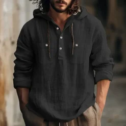 Online OUKU Men's Shirt Linen Shirt Summer Shirt Beach Shirt Hooded Shirt Plain Casual Daily Black White Blue Brown Long Sleeve Hooded Spring & Summer Clothing Apparel