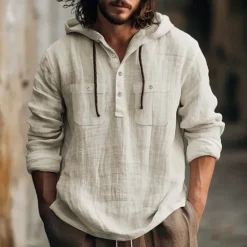 Online OUKU Men's Shirt Linen Shirt Summer Shirt Beach Shirt Hooded Shirt Plain Casual Daily Black White Blue Brown Long Sleeve Hooded Spring & Summer Clothing Apparel