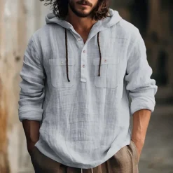 Online OUKU Men's Shirt Linen Shirt Summer Shirt Beach Shirt Hooded Shirt Plain Casual Daily Black White Blue Brown Long Sleeve Hooded Spring & Summer Clothing Apparel