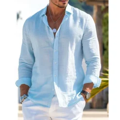 Best OUKU Men's Shirt Linen Shirt Summer Shirt Beach Wear Button Up Shirt Plain Vacation Curise Black White Pink Blue Long Sleeve Collar Spring & Summer Clothing Apparel