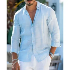 Best OUKU Men's Shirt Linen Shirt Summer Shirt Beach Wear Button Up Shirt Plain Vacation Curise Black White Pink Blue Long Sleeve Collar Spring & Summer Clothing Apparel