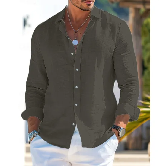 Best OUKU Men's Shirt Linen Shirt Summer Shirt Beach Wear Button Up Shirt Plain Vacation Curise Black White Pink Blue Long Sleeve Collar Spring & Summer Clothing Apparel
