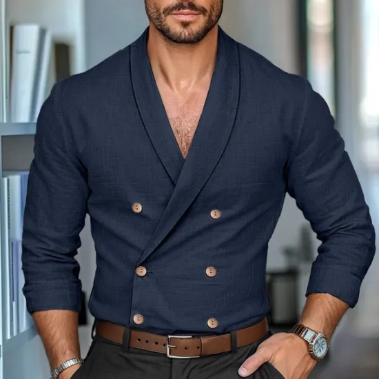 New OUKU Men's Shirt Linen Shirt Summer Shirt Work Shirt Solid Color Formal Work White Navy Blue Khaki Long Sleeve Shawl Collar Spring & Fall Cross-Seasons Clothing Apparel Buttons