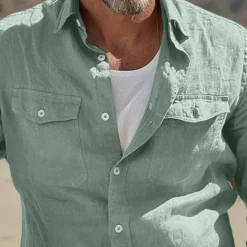 Sale OUKU Men's Shirt Linen Shirt Summer Shirt Beach Wear Button Up Shirt Solid Color Street Daily White Blue Green Khaki Long Sleeve Fold-over Collar Clothing Apparel Pocket