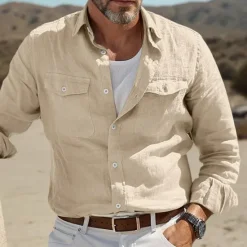 Sale OUKU Men's Shirt Linen Shirt Summer Shirt Beach Wear Button Up Shirt Solid Color Street Daily White Blue Green Khaki Long Sleeve Fold-over Collar Clothing Apparel Pocket