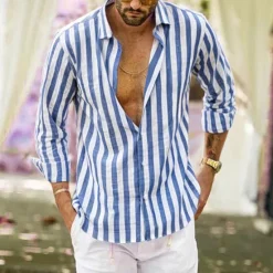 Outlet OUKU Men's Shirt Linen Shirt Summer Shirt Casual Shirt Beach Shirt Button Up Shirt Striped Vacation Holiday Black Yellow Pink Red Long Sleeve Turndown Spring & Fall Clothing Apparel Button-Down