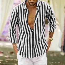Outlet OUKU Men's Shirt Linen Shirt Summer Shirt Casual Shirt Beach Shirt Button Up Shirt Striped Vacation Holiday Black Yellow Pink Red Long Sleeve Turndown Spring & Fall Clothing Apparel Button-Down