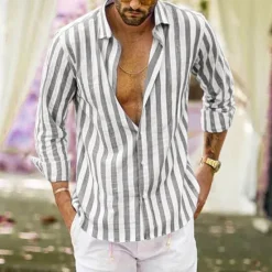 Outlet OUKU Men's Shirt Linen Shirt Summer Shirt Casual Shirt Beach Shirt Button Up Shirt Striped Vacation Holiday Black Yellow Pink Red Long Sleeve Turndown Spring & Fall Clothing Apparel Button-Down