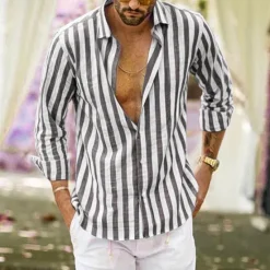 Outlet OUKU Men's Shirt Linen Shirt Summer Shirt Casual Shirt Beach Shirt Button Up Shirt Striped Vacation Holiday Black Yellow Pink Red Long Sleeve Turndown Spring & Fall Clothing Apparel Button-Down