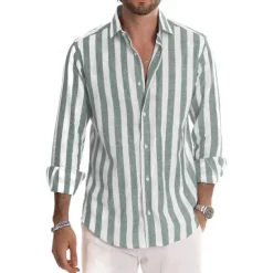Outlet OUKU Men's Shirt Linen Shirt Summer Shirt Casual Shirt Beach Shirt Button Up Shirt Striped Vacation Holiday Black Yellow Pink Red Long Sleeve Turndown Spring & Fall Clothing Apparel Button-Down