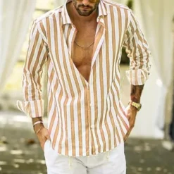 Outlet OUKU Men's Shirt Linen Shirt Summer Shirt Casual Shirt Beach Shirt Button Up Shirt Striped Vacation Holiday Black Yellow Pink Red Long Sleeve Turndown Spring & Fall Clothing Apparel Button-Down