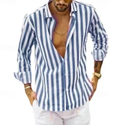 Outlet OUKU Men's Shirt Linen Shirt Summer Shirt Casual Shirt Beach Shirt Button Up Shirt Striped Vacation Holiday Black Yellow Pink Red Long Sleeve Turndown Spring & Fall Clothing Apparel Button-Down