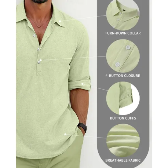 Best OUKU Men's Shirt Linen Shirt Summer Shirt Beach Wear Button Up Shirt Plain Vacation Casual Black White Blue Green Long Sleeve Lapel Spring & Summer Clothing Apparel