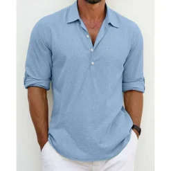 Best OUKU Men's Shirt Linen Shirt Summer Shirt Beach Wear Button Up Shirt Plain Vacation Casual Black White Blue Green Long Sleeve Lapel Spring & Summer Clothing Apparel