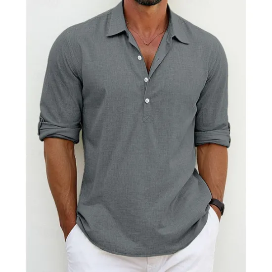 Best OUKU Men's Shirt Linen Shirt Summer Shirt Beach Wear Button Up Shirt Plain Vacation Casual Black White Blue Green Long Sleeve Lapel Spring & Summer Clothing Apparel
